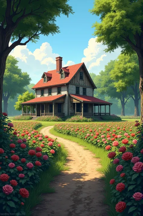 An old and nostalgic farmhouse in a rural setting. The large house is surrounded by a large garden with a beautiful rose garden., full of roses of various colors. There are leafy trees that provide shade and dirt paths that run through the garden.. The sky...