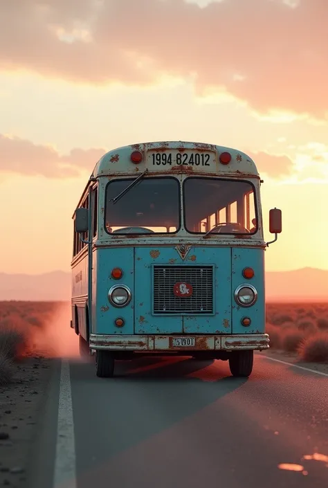 Establishing capture, well-loved vintage light blue bus, object focus, dented metal and enamel flank, soft pink orange sunset reflecting off windshield and chassis, traveling west, vast landscape, sense of movement and journey, hope and resilience, masterp...