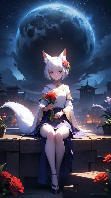 (masterpiece), (best quality: 1.0), (ultra high resolution: 1.0), (1 Little girl), (best quality, 4k, 8K, masterpiece: 1.2), 2.5D, , elf, fur rose, withe dress, sky background white skin, by white, short hair, fox ears and tail, look at the viewer, sitting...