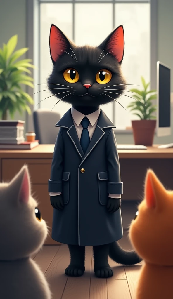 Black Cat in office dress reach office all staff cats welcom boss