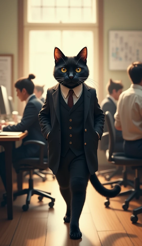 Black Cat in office dress reach office all staff cats welcom
