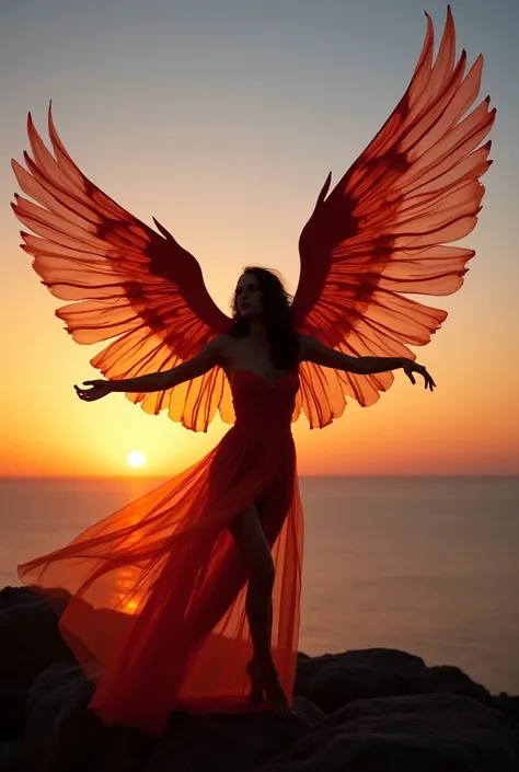 In this visually stunning series, we explore the grace and beauty of fabric wings against the backdrop of breathtaking sunsets. Each image captures a silhouette of a woman, dramatically posed with wings of light, airy fabric that mimic the freedom and eleg...