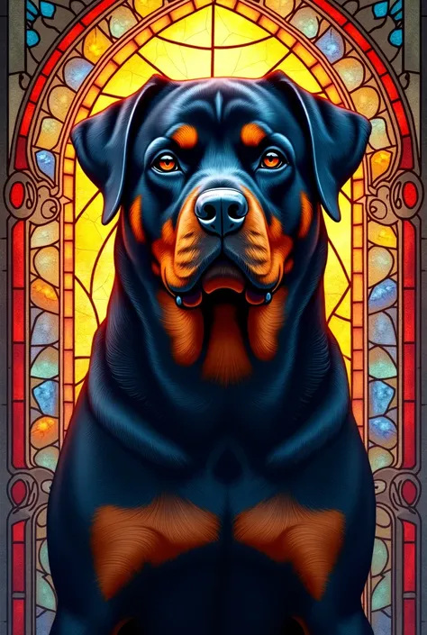 Illustration of a rotweiler in colorful stained glass style
