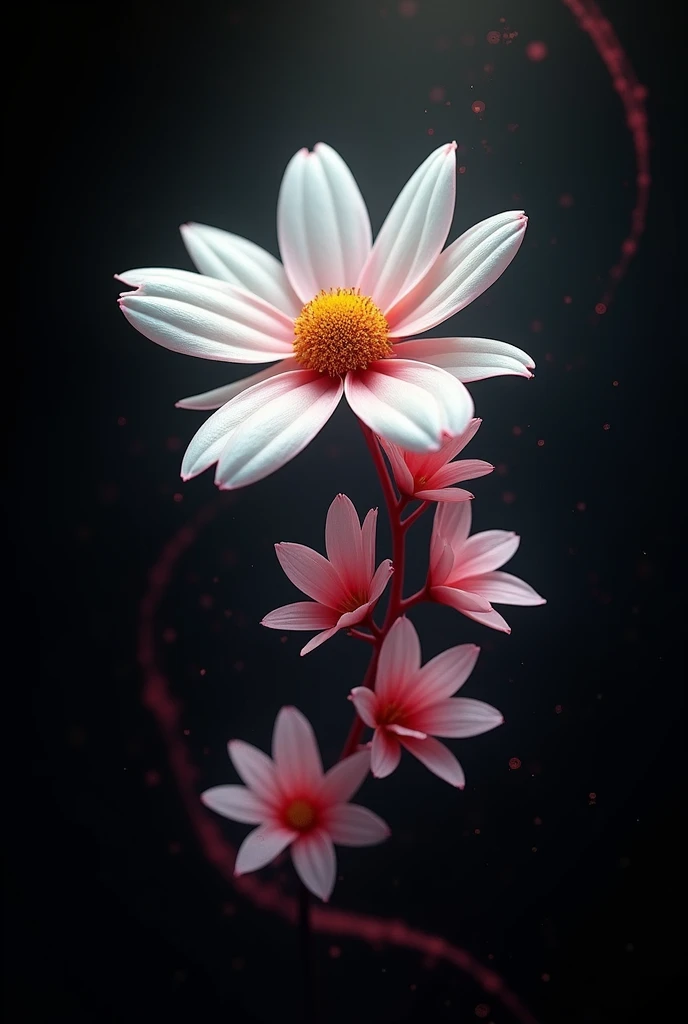 Black background, Daisy, Japanese cherry blossoms, Red Ribbon/thread, soulmate 