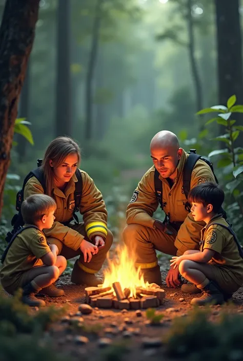 Create image of bald male firefighter and female firefighter with the scouts