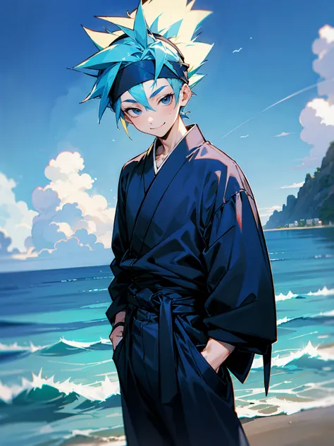 1male, baby blue hair, spiky, headband, black sweatshirt, dark blue kimono, tied to waist, dark blue sweatpants, clouds, ocean, smile, black eyes, stitch scar over eye