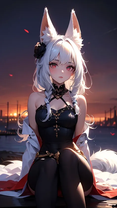 (masterpiece), (best quality: 1.0), (ultra high resolution: 1.0), (1 girl), (best quality, 4k, 8K, masterpiece: 1.2), 2.5D, fur rose, withe dress, sky background white skin, fox ears and tail, look at the viewer, sitting, full body, hope, with a hairstyle ...