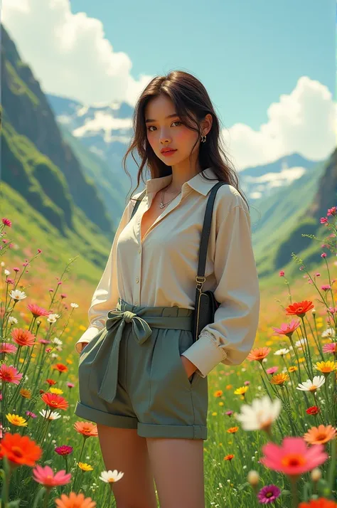 Very modern dressed girl in a flowery valley setting 