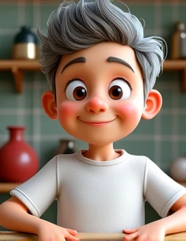 create a character in a 3D pixar style drawing of a  boy, with thin eyebrows, with a grayish short, combed back, who is wearing jeans and a white shirt, which he applies all over his body, without a background image, a solid color background.