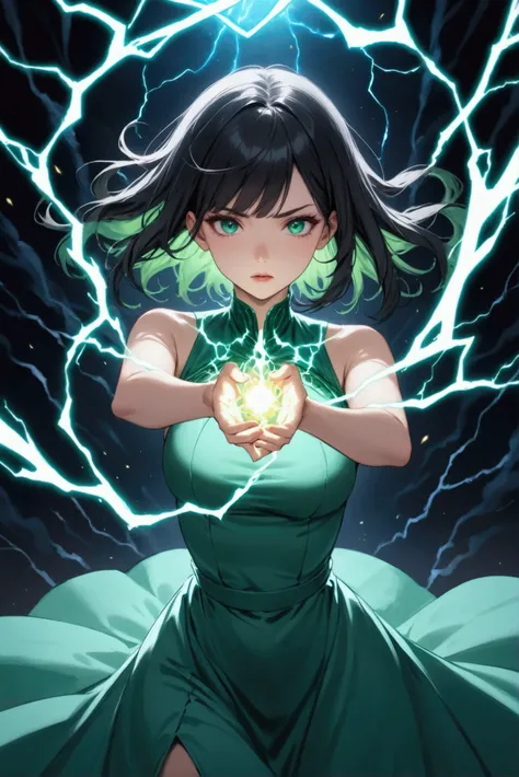 black hair, electrifying green eyes  , wearing a light blue dress