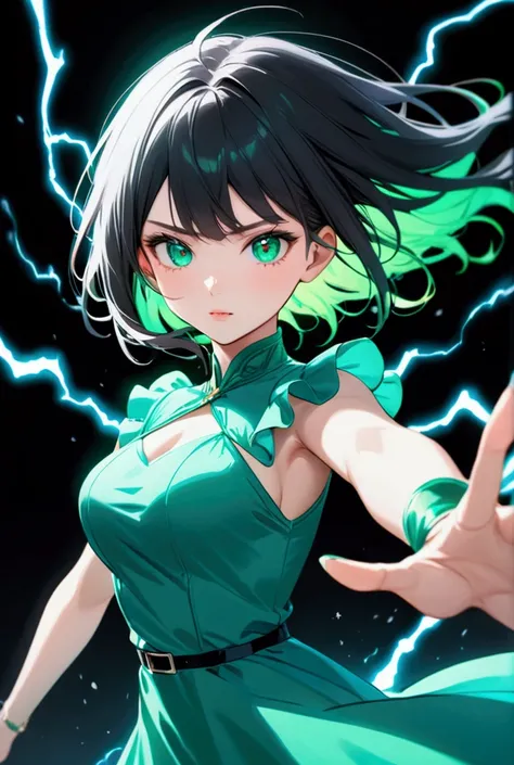 black hair, electrifying green eyes  , wearing a light blue dress