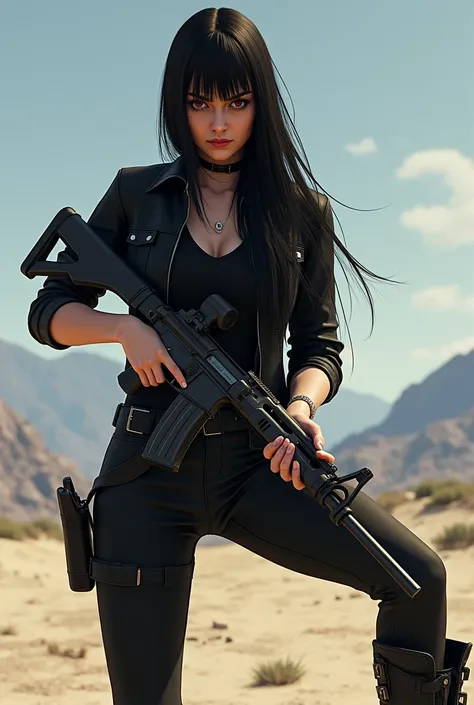 I want an image like this, I want a female character in the GTA 5 style with the following characteristics: long straight black hair, red eyes, white, thin, black pants, black jacket and blouse, black boot. I want the character with a rifle in his hand, ba...