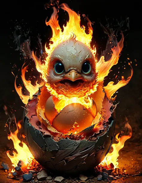 Baby phoenix hatching from its egg, wrapped in tiny flames; masterpiece (Elemental fantasy:1.3)