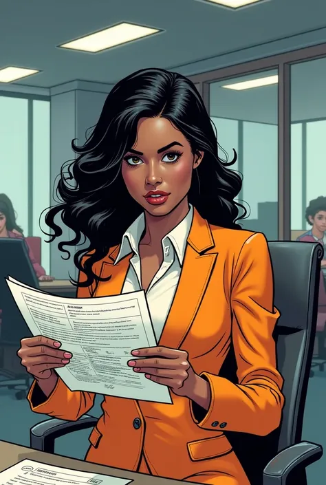 Solange BLACK-HAIRED DRESSED IN ORANGE FOR COMICS IN THE OFFICE reviewing an audit report related to a friend.
