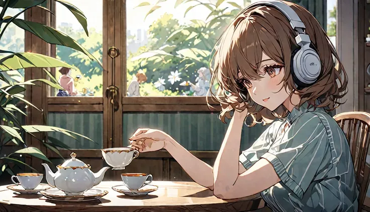 background：In the dining room at home、There is tea on the table。
expression：リラックスしたexpressionで、Gazing into the distance。
Costume：Casual clothing in muted colors。
Pose：While sitting on a chair、Gently lifting the teacup in her hand。
scene：Enjoy a quiet momen...