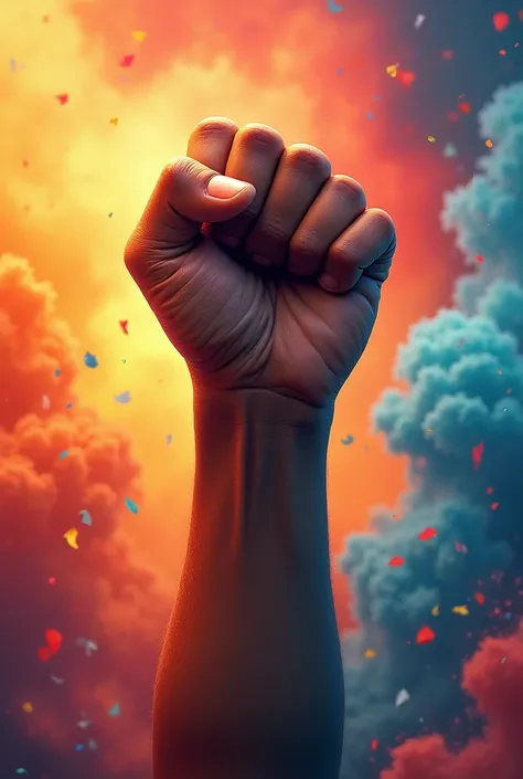 clenched fist raised high with inclusive colors 