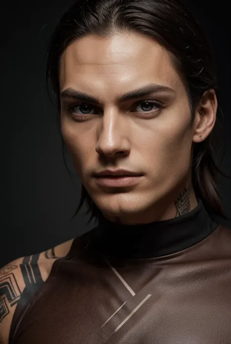 attractive looking man His face is angular and perfectly symmetrical, with a defined jaw and high cheekbones that accentuate his severe expression. his eyes, of a deep black his dark and straight eyebrows.
The hair of a chestnut.Her white skin full of tatt...