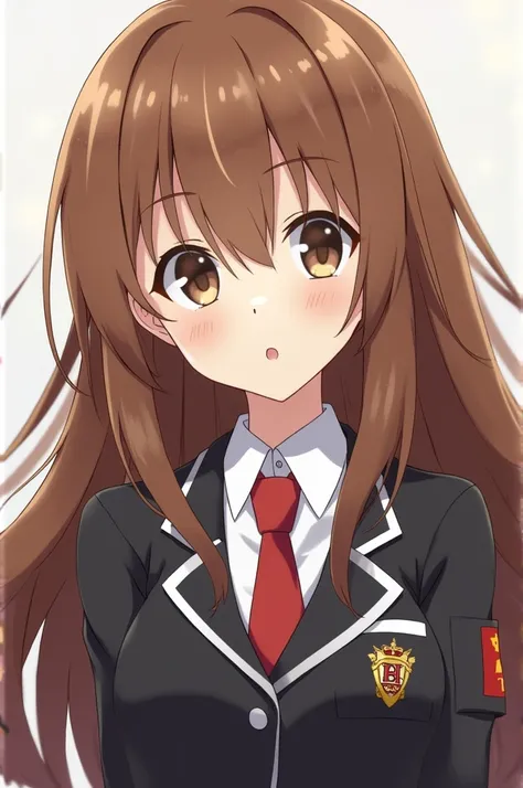 Long hair anime girl, cloudy , voluminous brown,  big brown eyes,  wearing gang uniform , jacket , atadura 