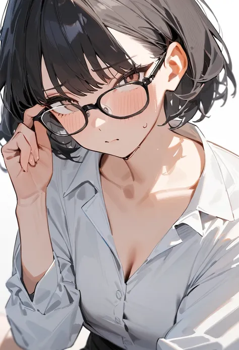 masterpiece, best quality, very aesthetic, absurdres,
1girl, solo, black hair, short hair,
sirmont16a, glasses, 
white shirt, sh...