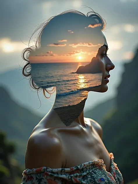 high quality, 8K Ultra HD, A beautiful double exposure that combines an goddess silhouette with sunset coast, sunset coast should serve as the underlying backdrop, with its details incorporated into the goddess , crisp lines, The background is monochrome, ...