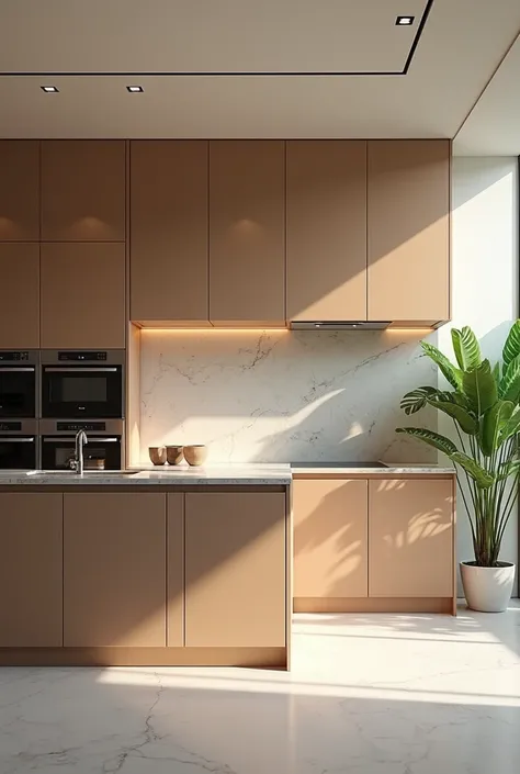 Sleek modern kitchen with minimalist cabinets, large island with marble countertops, stainless steel appliances, all in light brown tones, warm diffused lighting and a background of bright green plants.