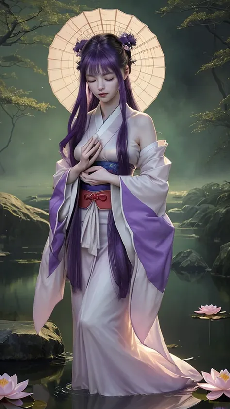 Heres the prompt for your video:

"Create a serene and mystical scene featuring a single shrine maiden dressed in traditional Japanese attire, surrounded by lotus flowers. She has a delicate, ephemeral, and elegant appearance, with flowing, translucent pur...