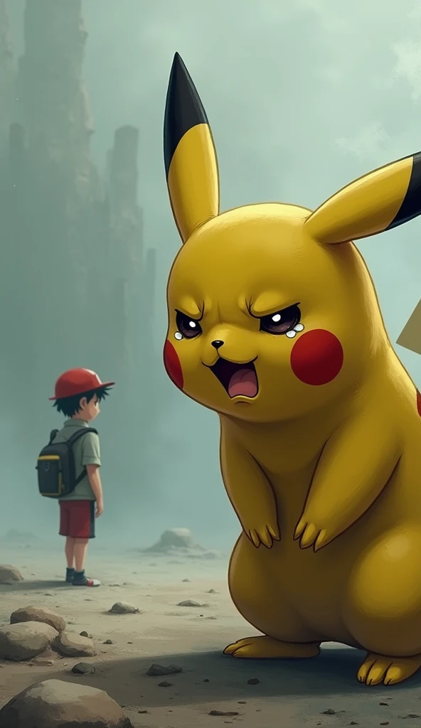 Draw a close-up of Pikachu, with tears in his eyes and an almost human expression of pain, while Ash, with a blank expression, turns his back, amidst a desolate and surreal scene."