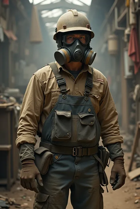 A worker in a construction or metalworking shop, with respiratory mask and other PPE, surrounded by visible dust in the environment, highlighting the risk of exposure.