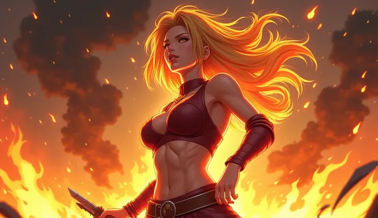 Create for me a woman with hair on fire, fighting in the midst of the fire with all her strength, her breasts are large. anime version