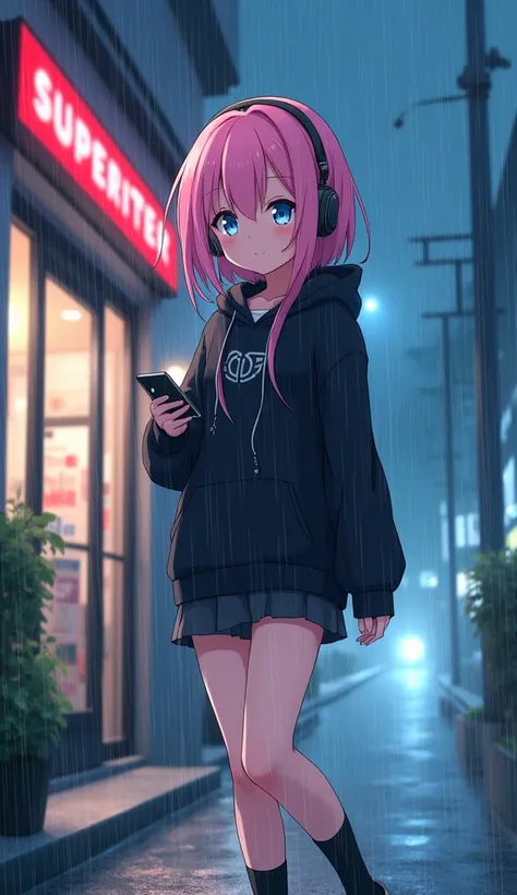 masterpiece, Best Quality, High resolution, Very detailed,(((Pink Hair Girl))), (((Black hoodie)))、(((smile))), (((mini skirt))), (((No eye highlights))), (((heavy rain))), (((Walking in front of the store))), (((Wearing headphones))), (((code))), (((Black...