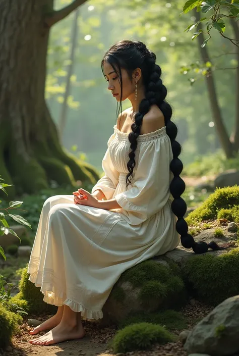 Beautiful peasant woman braiding her black hair ,white huipil dress , sitting on a rock and barefoot, in the forest ,realistic
