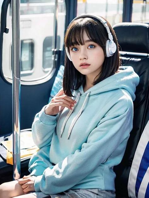 a beautiful girl, wearing a hoodie and short skirt, is listening to music with headphones in her ears, he was on the bus, 1girl, Short Hair, High Resolution photorealistic:1.4, detailed eyes, Blue eyes, Super Detailed, UHD, 