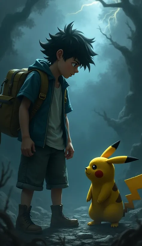 It shows a gloomy background with dark clouds and lightning, where strange shadows seem to creep towards Ash and Pikachu, symbolizing the tension and pressure in the relationship between them."

