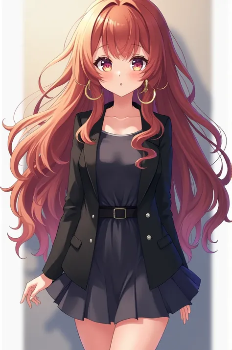 Anime girl long curly hair , wearing hoop earring , and a short dress with a black blazer 