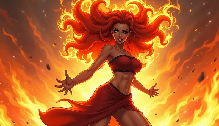 Create for me a woman with hair on fire, fighting in the midst of the fire with all her strength, her breasts are large. Anime style