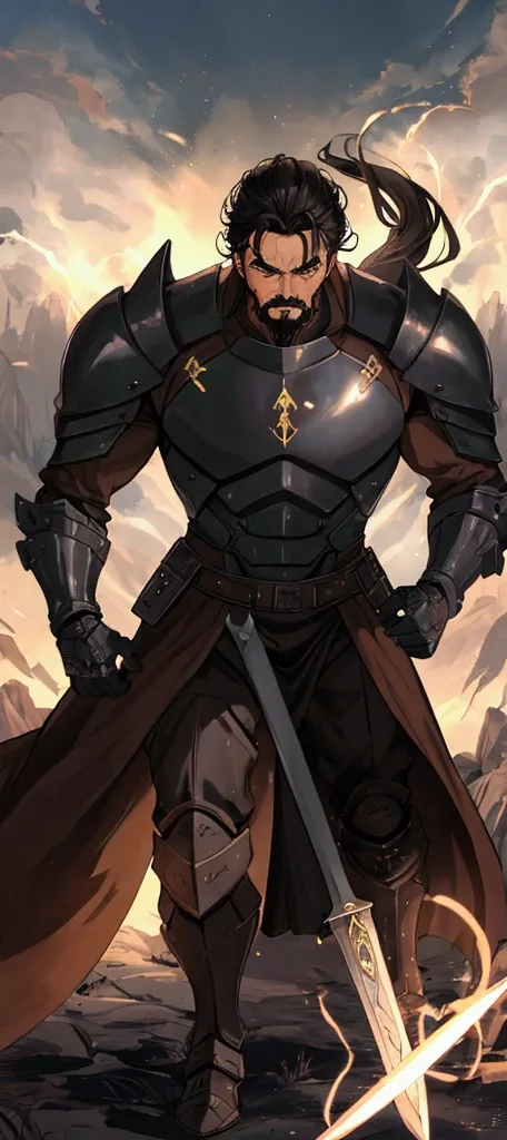 Robust man in brown heavy armor, Black hair tied up, goatee, with the elemental sword of earth, cold and detailed look at a field with dramatic lights and flashes of power.