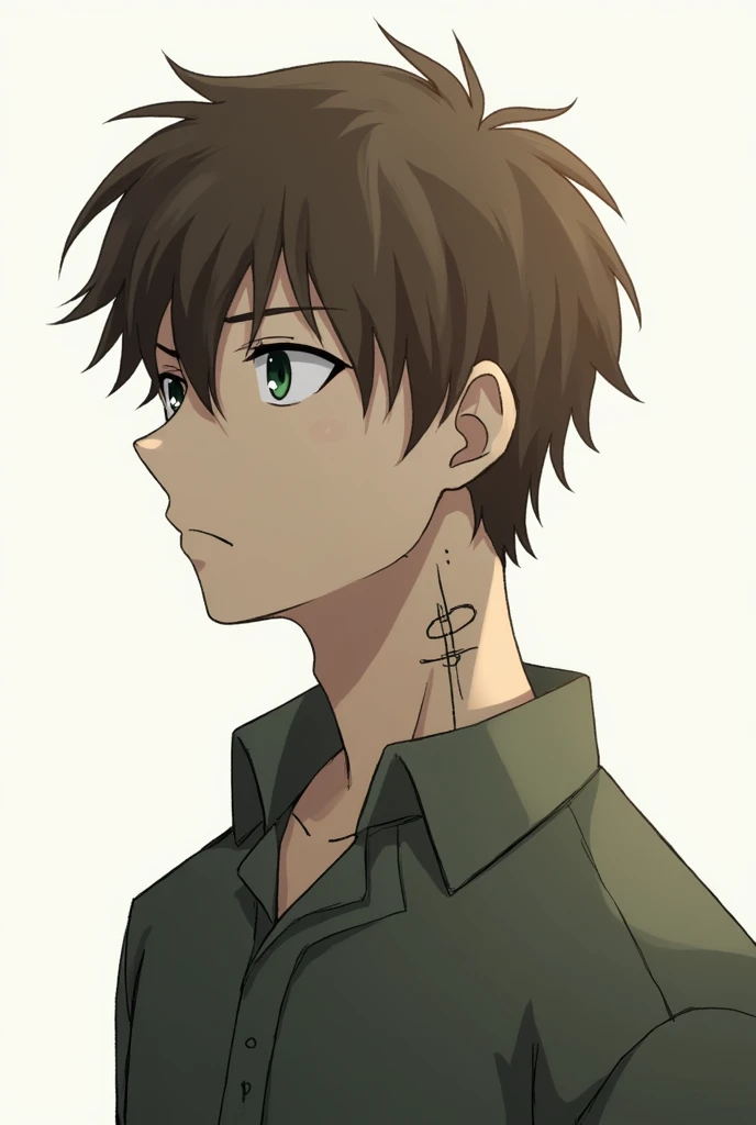 adult man, Estilo Made in Abyss, Scar on the neck, full body, white background, emerald eyes, brown hair, Simple Clothes