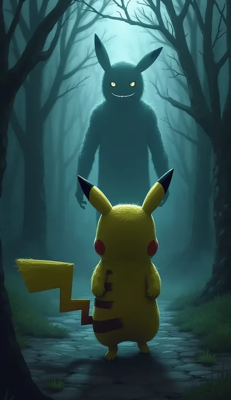 Illustrious Pikachu walking away from Ash on a dark path, with his silhouette looking grotesque and distorted, while Ash, with a grotesque smile, stretches to reach it, in an environment full of threatening shadows."