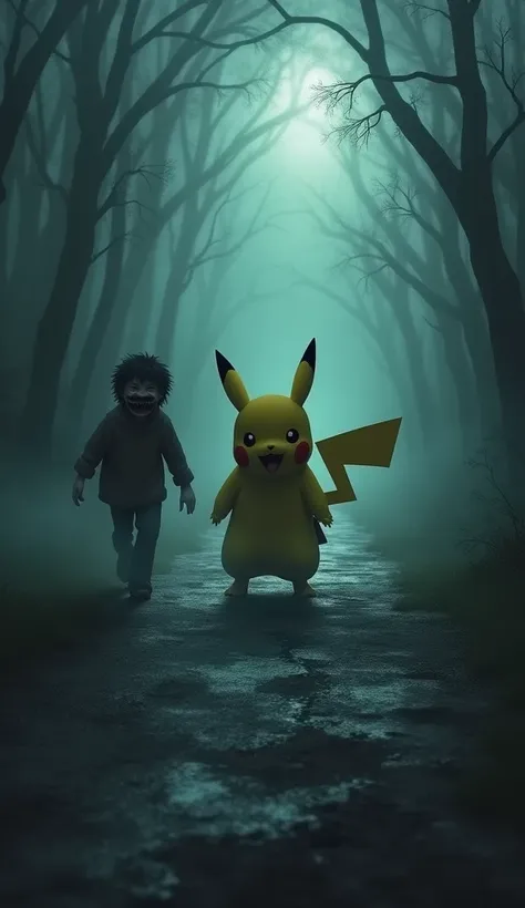 Illustrious Pikachu walking away from Ash on a dark path, with his silhouette looking grotesque and distorted, while Ash, with a grotesque smile, stretches to reach it, in an environment full of threatening shadows."