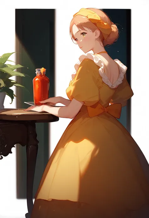 Score_9, Score_8_Excellent, Score_7_Excellent, Score_6_Excellent, sauce_anime, evaluation:General, One Girl,Costume、Costume、Comic book cover、Disney Princesses、Older sister、bar、table、Standing、Frills、Cute clothes、Yellow Dress