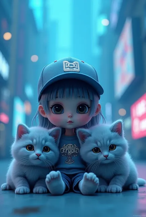 Doll with a backwards cap with two gray cats next to him in a gaming environment with a gaming background in a blue color palette