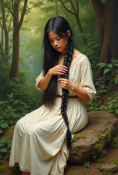 Beautiful realistic peasant girl braiding her black hair ,white huipil dress , sitting on a rock and barefoot, in the forest painting style of William Bouguerea
