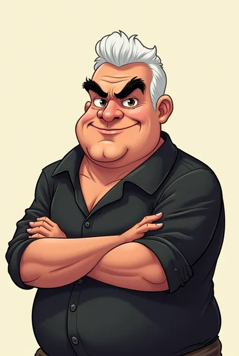 cartoon style drawing,  of a 7 man, dark skinned, weighing 95 kilos, short white hair, brown eyes, black eyebrows, a smirk, a long face, wearing a black button-down shirt