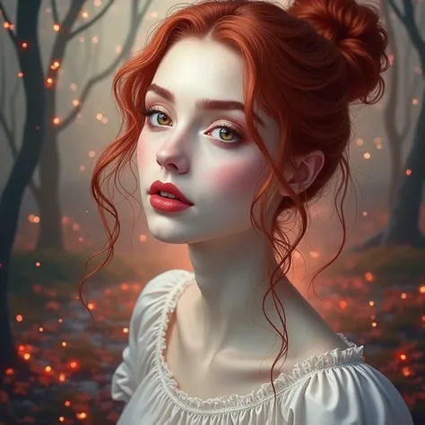 A beautiful white-skinned red-haired girl with long wavy red hair and thick eyebrows and red thick lips is wearing a white nightgown and is in a magical glowing forest.