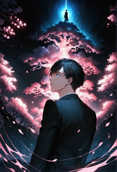 A black-haired, blue-eyed man in a black suit turns his back and half his face under a sakura tree at night.