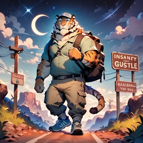 masterpiece, best quality, very aesthetic, absurdres, BREAK noise reduction, BREAK super fine illustration, insanity detailed, BREAK [face:full body:10], looking away, from above, american country, backpacker, plump middle-aged tiger man, fluffy body, tail...