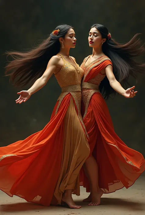 best quality, masterpiece, high resolution, realistic representation of two Arab dancers , cheveux noirs soyeux, cheveux écartés dans lair à cause du vent,  vêtements de danse de lannée 1950 , style of the oriental artists era, Style Da Vinci, portrait com...