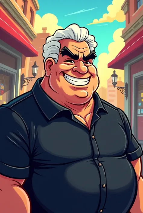 Toon Force style drawing ,  My grandfather is a 7 man, dark skinned, weighing 95 kilos, short white hair, brown eyes, black eyebrows, wide smile, long face, wearing a black button-down shirt.