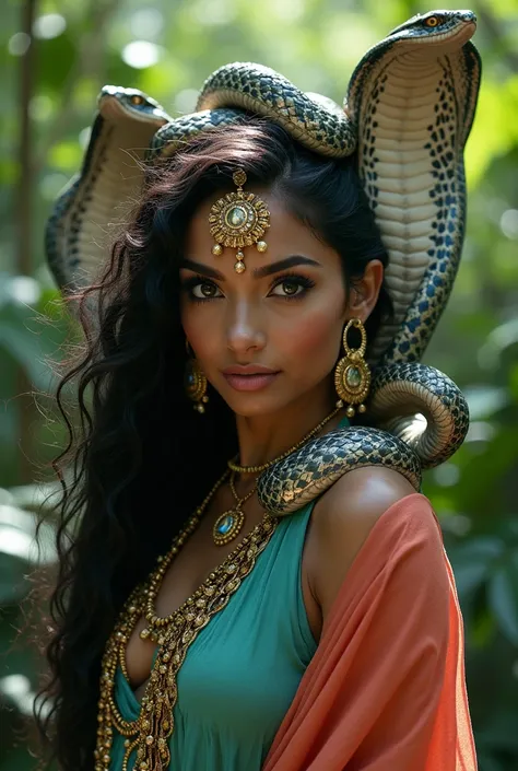 massive bosom, a mystical supermodel from Brazil with kind, compassionate, smiling yet powerful aura, embodying the serpent goddess. In a forest. Her bright, hypnotic eyes radiate wisdom. She is curvy and wears a multi-colored sari with Aqua, Coral, and Si...