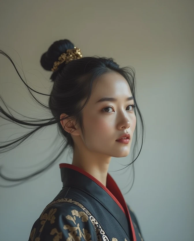 1 girl, Women, elegant, ink, china armor, ((2.5D)), black hair, floating hair, delicate eyes, Antique black and red damask hanfu, Field of view, (F1.8), (masterpiece), (Portrait shot), toma frontal, white background, (movie poster)